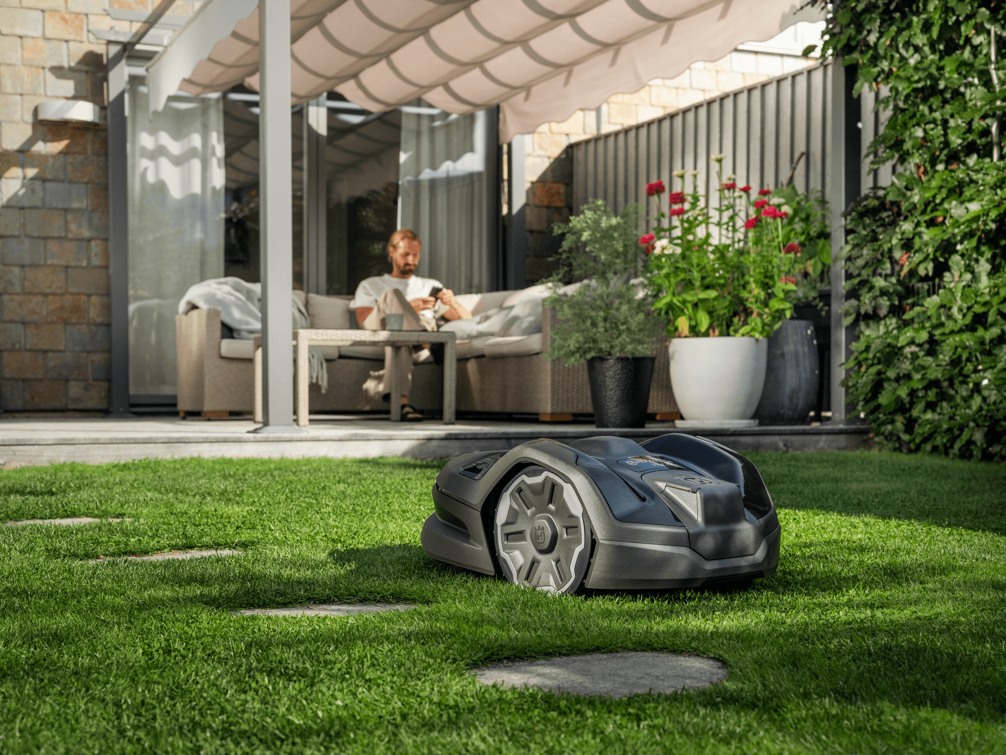 automower sitting in the backyard